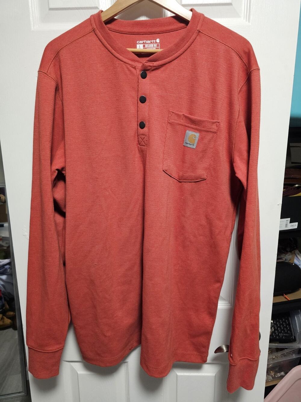 Carhartt Long Sleeve Henley Shirt Burnt Orange Workwear Large Tall Relaxed Fit
